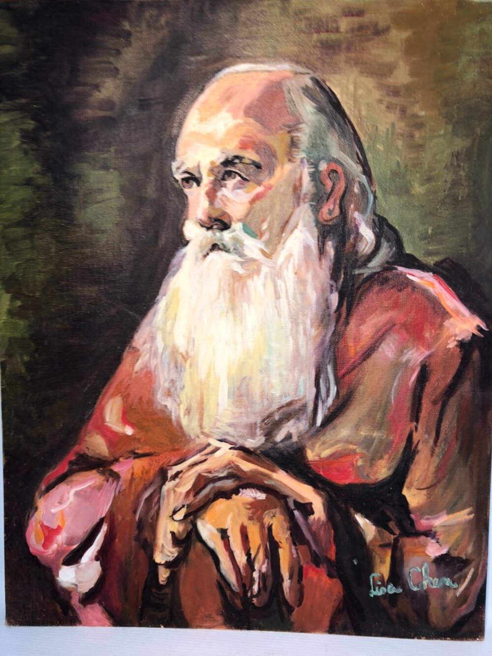 Original Oil Painting Bearded Old Man Philosopher - 20x16